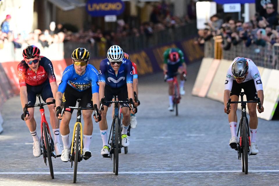 Slovenian Primoz Roglic of JumboVisma crosses the finish line to win stage 6 of the TirrenoAdriatico cycling race 194 km from Osimo Stazione to Osimo in Italy Saturday 11 March 2023 BELGA PHOTO DIRK WAEM Photo by DIRK WAEM  BELGA MAG  Belga via AFP Photo by DIRK WAEMBELGA MAGAFP via Getty Images