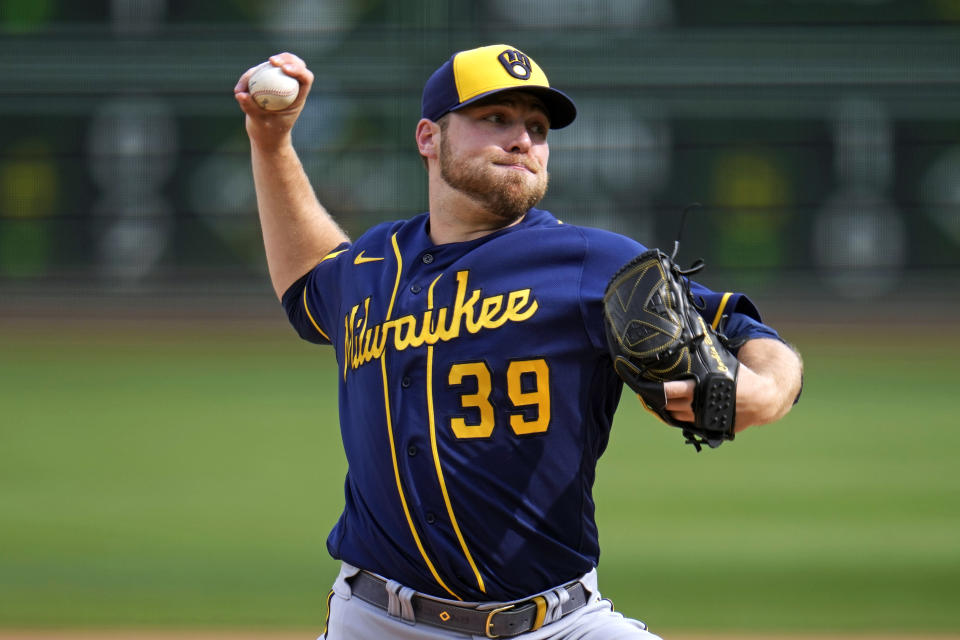 Milwaukee Brewers starting pitcher Corbin Burnes delivers during the second inning of a baseball game against the Pittsburgh Pirates in Pittsburgh, Saturday, July 1, 2023. (AP Photo/Gene J. Puskar)