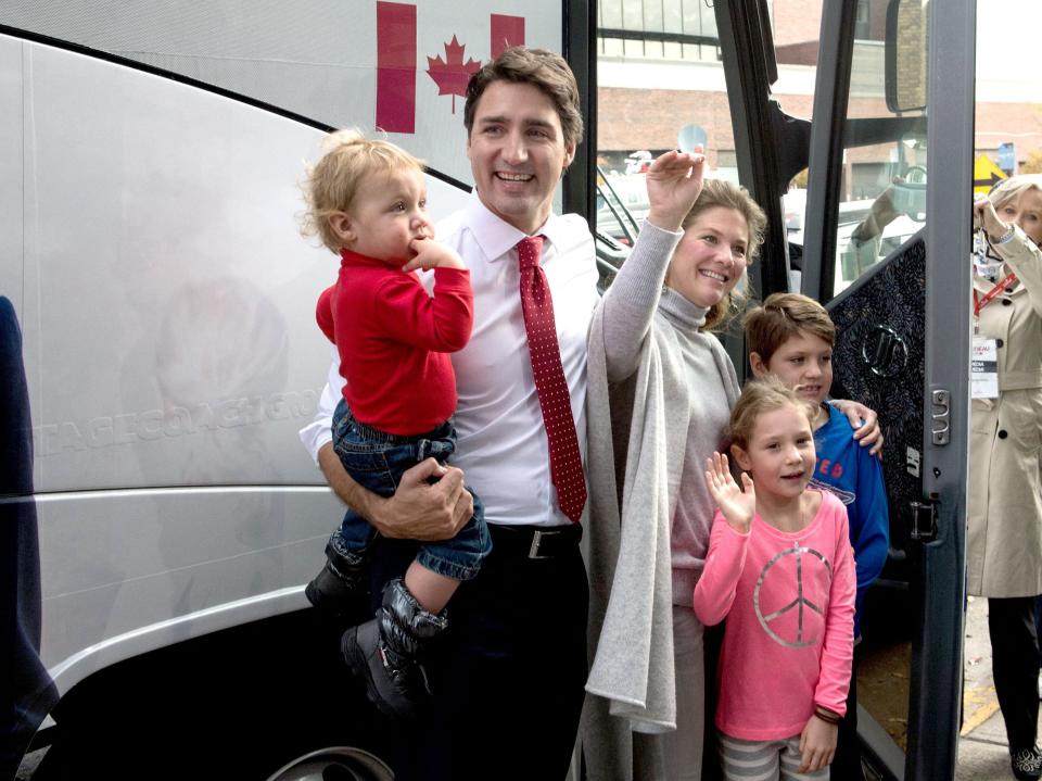 Justin Trudeau, Sophie Gregoire Trudeau and their children Hadrien, Ella-Grace, and Xavier in Montreal on October 19, 2015.