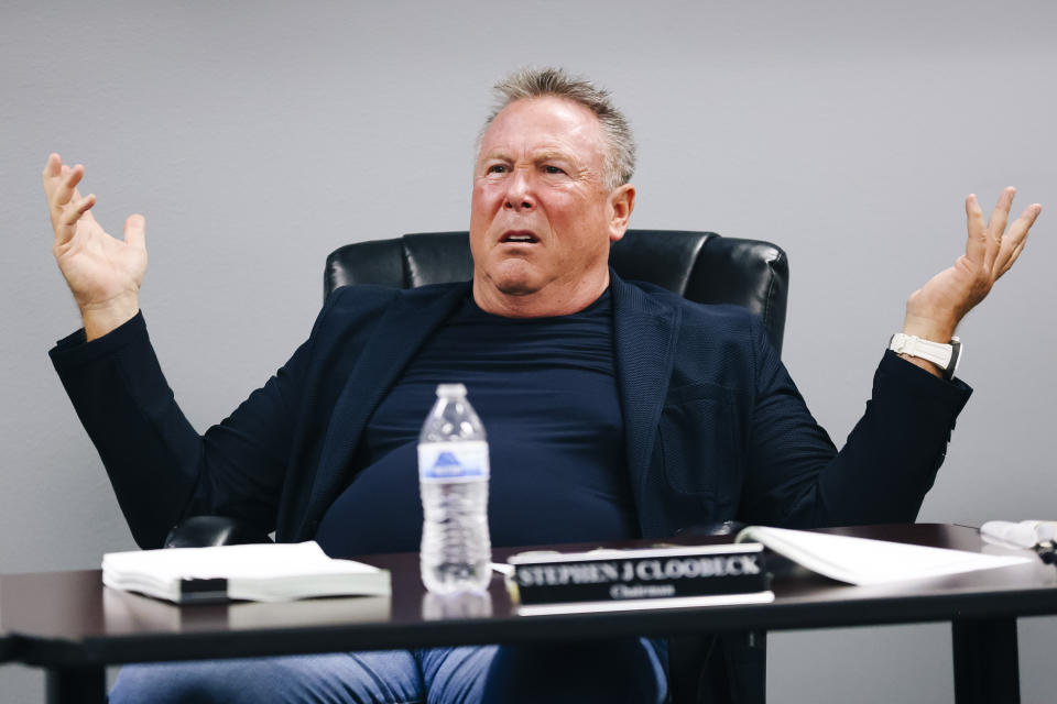 Chairman Stephen Cloobeck reacts during a State of Nevada Athletic Commission meeting held to discuss the Nevada Attorney General's investigation findings regarding the death of UNLV student Nathan Valencia, Tuesday, Aug. 23, 2022. (Wade Vandervort/Las Vegas Sun via AP)