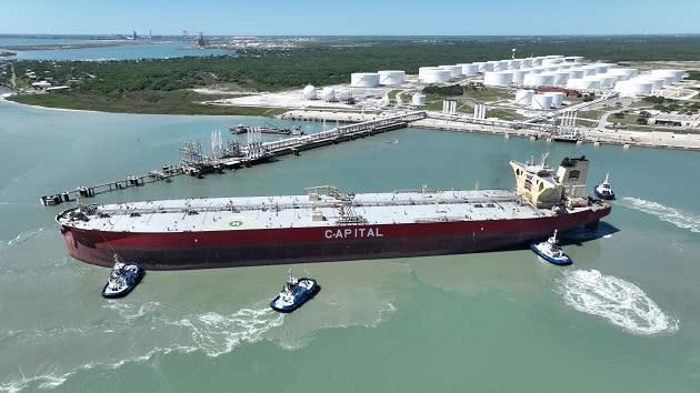 The Amphion supertanker, owned by Capital Ship Management Corp., shown here at the Enbridge Ingleside Energy Center on April 13, 2024, became the 500th Very Large Crude Carrier (VLCC) safely loaded at the EIEC