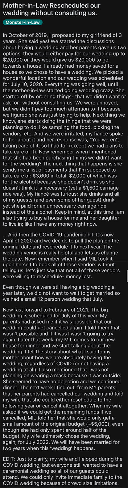 Summarized text: An article explaining a situation where a person's mother-in-law rescheduled their wedding without consulting them