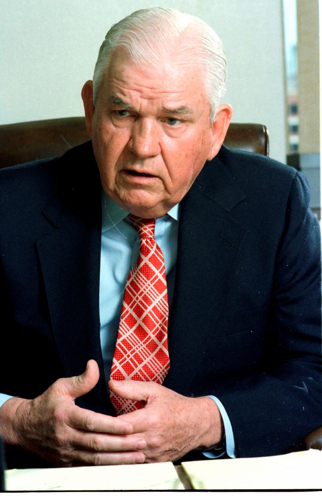 In this March 4, 1986 file photo former Dallas County District Attorney Henry Wade speaks during an interview in Dallas. 