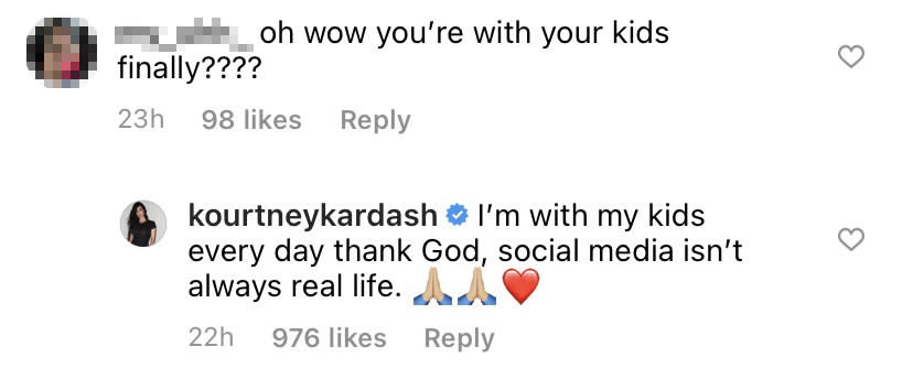 A screenshot of Kourtney's comment