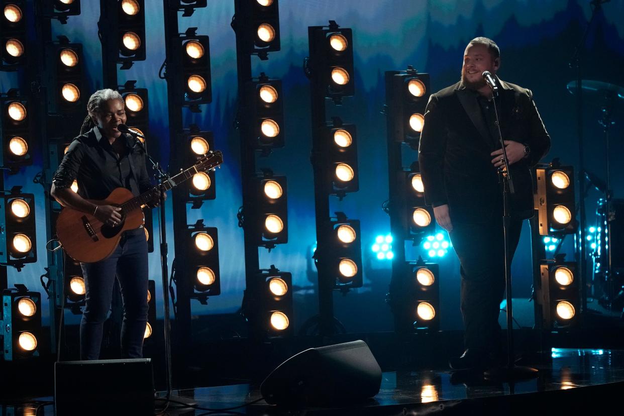Feb 4, 2024; Los Angeles, CA, USA; Tracy Chapman and Luke Combs perform ‘Fast car’ during the 66th Annual Grammy Awards at Crypto.com Arena in Los Angeles on Sunday, Feb. 4, 2024. Mandatory Credit: Robert Hanashiro-USA TODAY