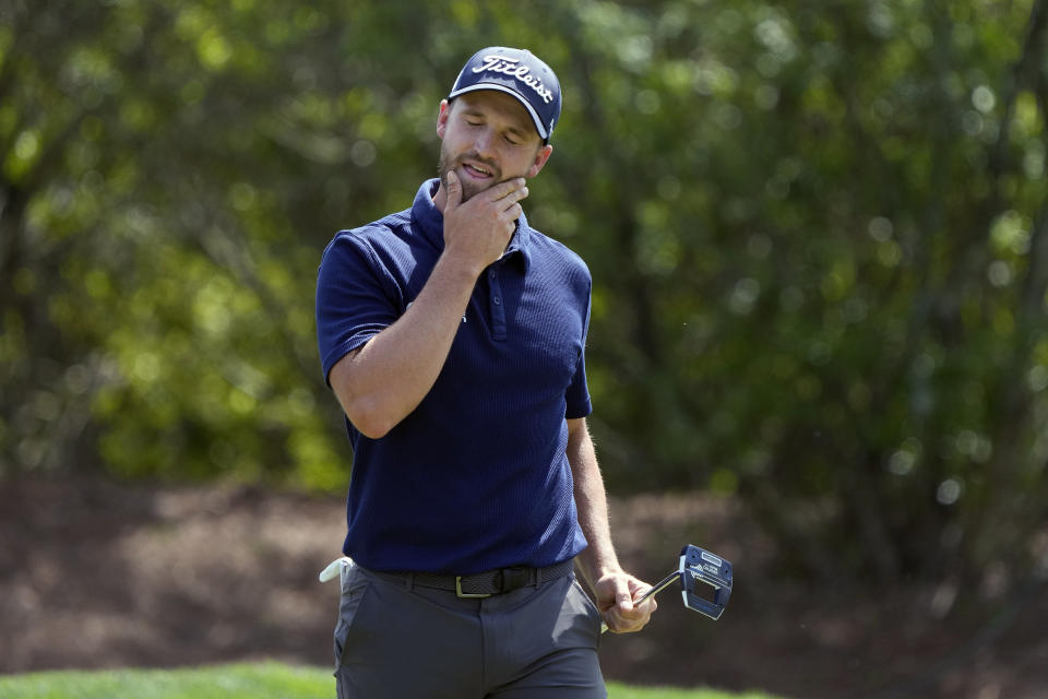 Wyndham Clark reacts to a missed putt on the eighth hole during the second round of The Players Championship golf tournament Friday, March 15, 2024, in Ponte Vedra Beach, Fla. (AP Photo/Lynne Sladky)