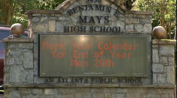 PHOTO: In this screen grab from a video, the sign for Benjamin E. Mays High School is shown in Atlanta. (WSB)