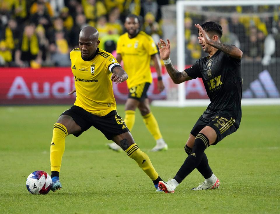 In 2024, Crew midfielder Darlington Nagbe, left, will attempt to win the MLS Cup for the fifth time in his career.