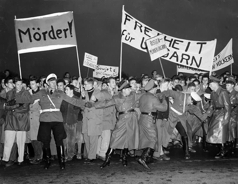 About 500 students demonstrate in Bonn, Germany, November 6, 1956 in front of the Soviet Embassy at nearby Rolandseck against Soviet military actions in Hungary.