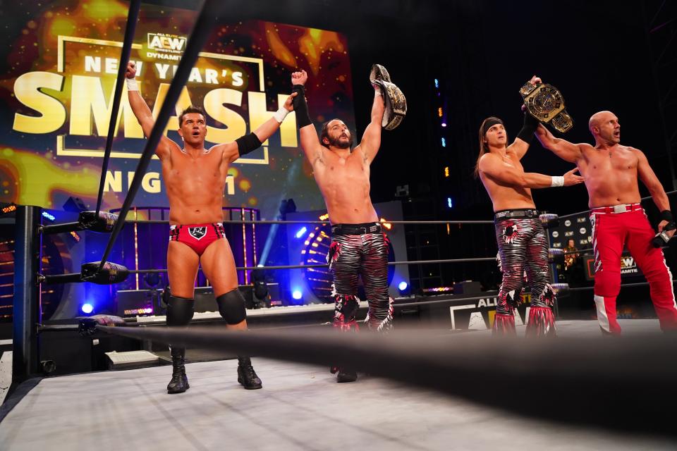 The Young Bucks’ Nick Jackson (centre-right) in the ringAEW