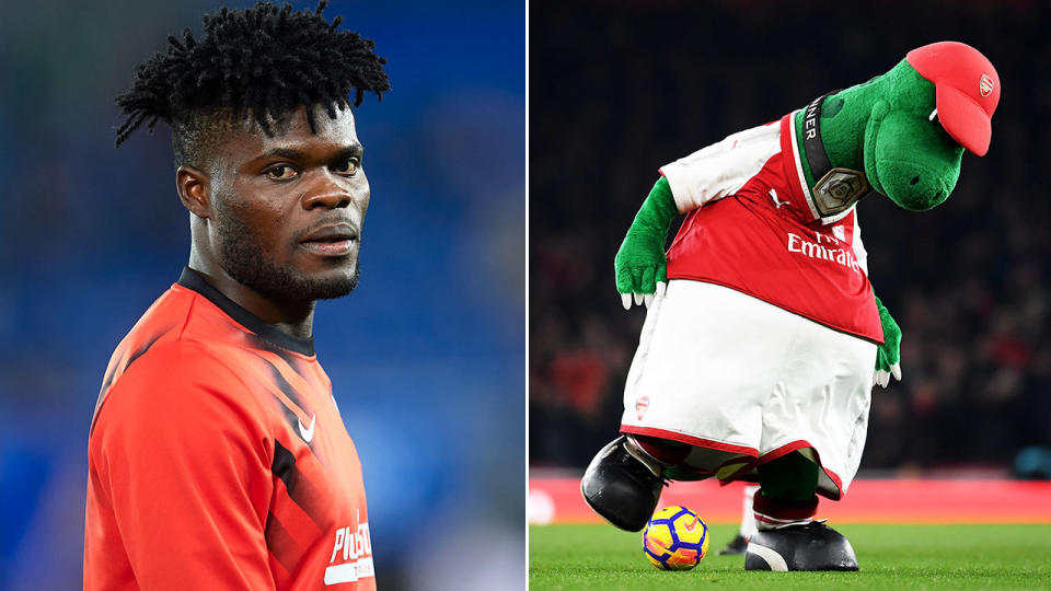 Pictured here, Thomas Partey and Arsenal mascot Gunnersaurus.