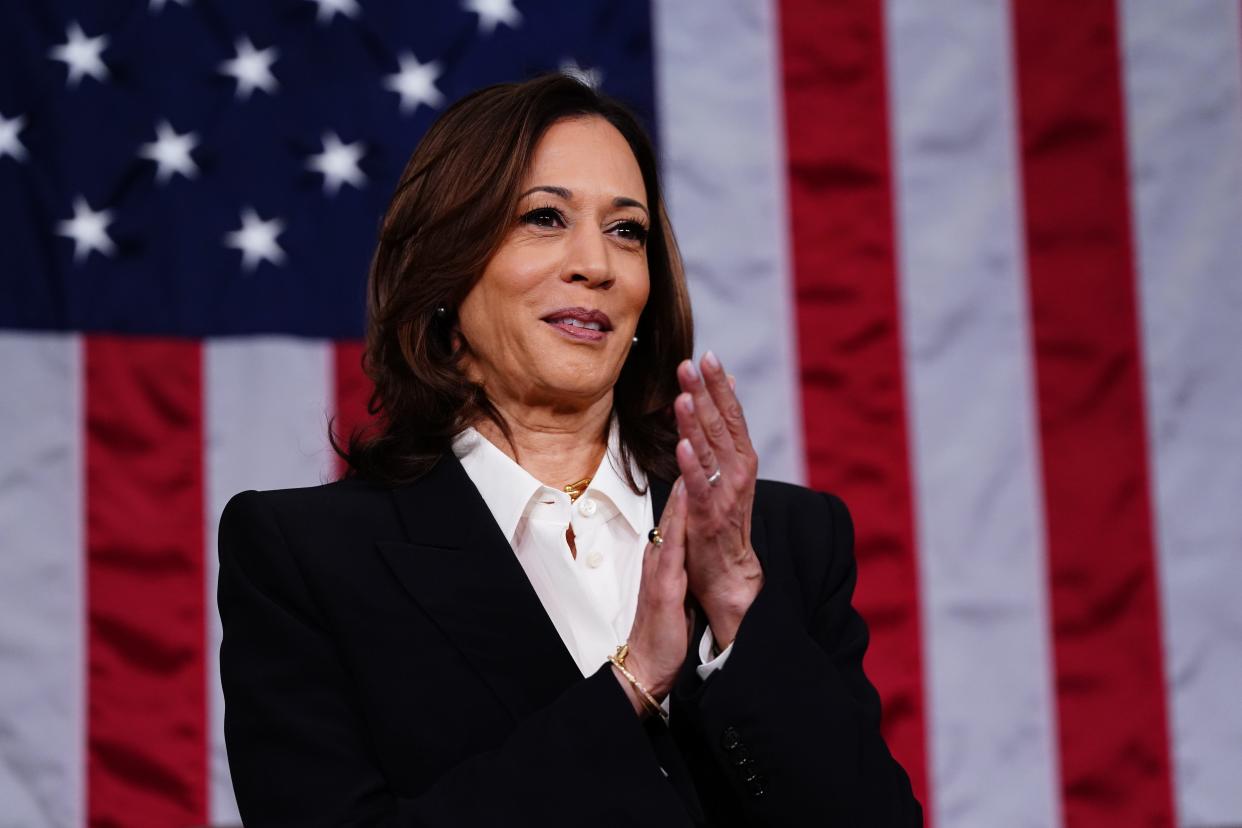 Vice President Kamala Harris stands in the House of Representatives ahead of the State of the Union address.