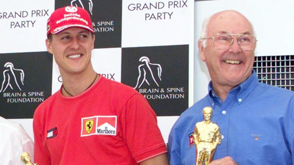 Murray Walker is pictured here alongside F1 legend Michael Schumacher . Pic: Getty