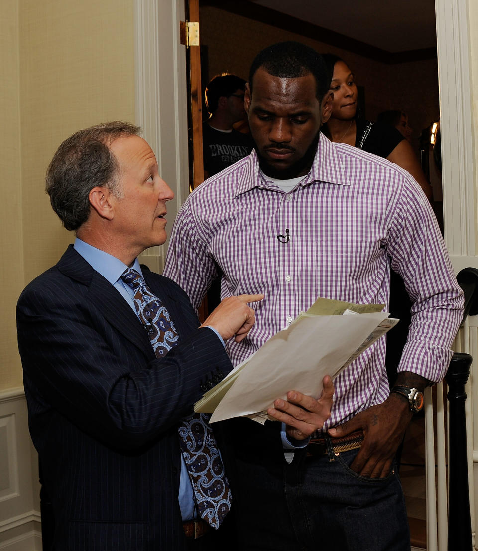 GREENWICH, CT - JULY 08: (EXCLUSIVE COVERAGE) Jim Gray of ESPN speaks with LeBron James at attends the LeBron Jame=s Pre Decision Meet and Greet on July 8, 2010 in Greenwich, Connecticut. Proceeds from tonight's 2.5 million dollar event will be donated to the Boys & Girls Clubs of America.