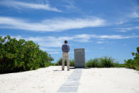 <p>President Barack Obama pauses at the Battle of Midway Navy Memorial as he tours on Midway Atoll in the Papahanaumokuakea Marine National Monument, Northwestern Hawaiian Islands, Thursday, Sept. 1, 2016. (AP Photo/Carolyn Kaster) </p>