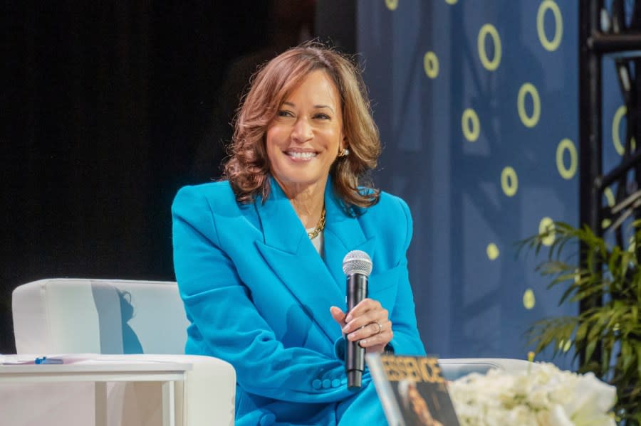 Vice President Kamala Harris speaks with Essence CEO Caroline Wanga during the 30th annual Essence Festival of Culture in New Orleans, Saturday, July 6, 2024. (Matthew Perschall/The Times-Picayune/The New Orleans Advocate via AP)