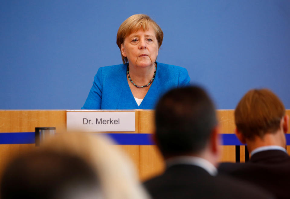 German Chancellor Angela Merkel speaks during her annual summer press conference on August 28, 2020 in Berlin. - Coping with the coronavirus will become more challenging in the coming autumn and winter months, German Chancellor Angela Merkel said in her annual summer press conference. Photo by MICHELE TANTUSSI / POOL / AFP via Getty Images