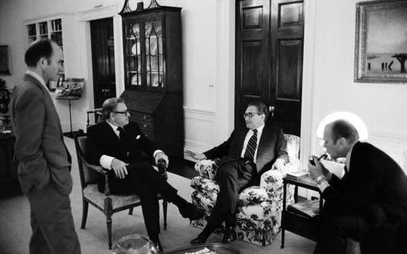 Scowcroft, left, at the White House in 1974 with Nelson Rockefeller, Henry Kissinger and President Ford - David Hume Kennerly/ Getty Images