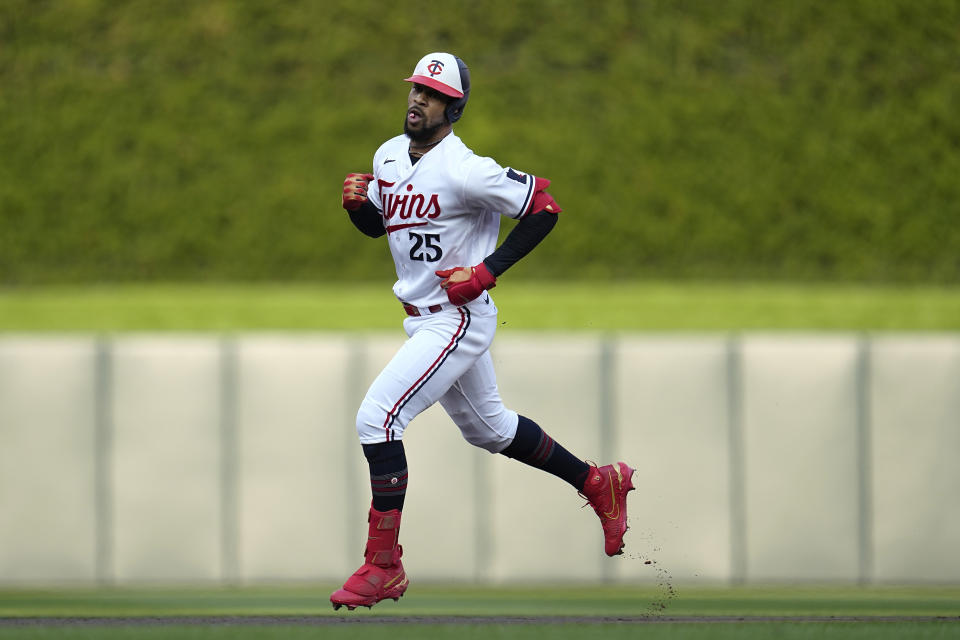 Minnesota Twins designated hitter Byron Buxton runs the bases after hitting a two-run home run against the San Francisco Giants during the first inning of a baseball game, Tuesday, May 23, 2023, in Minneapolis. (AP Photo/Abbie Parr)