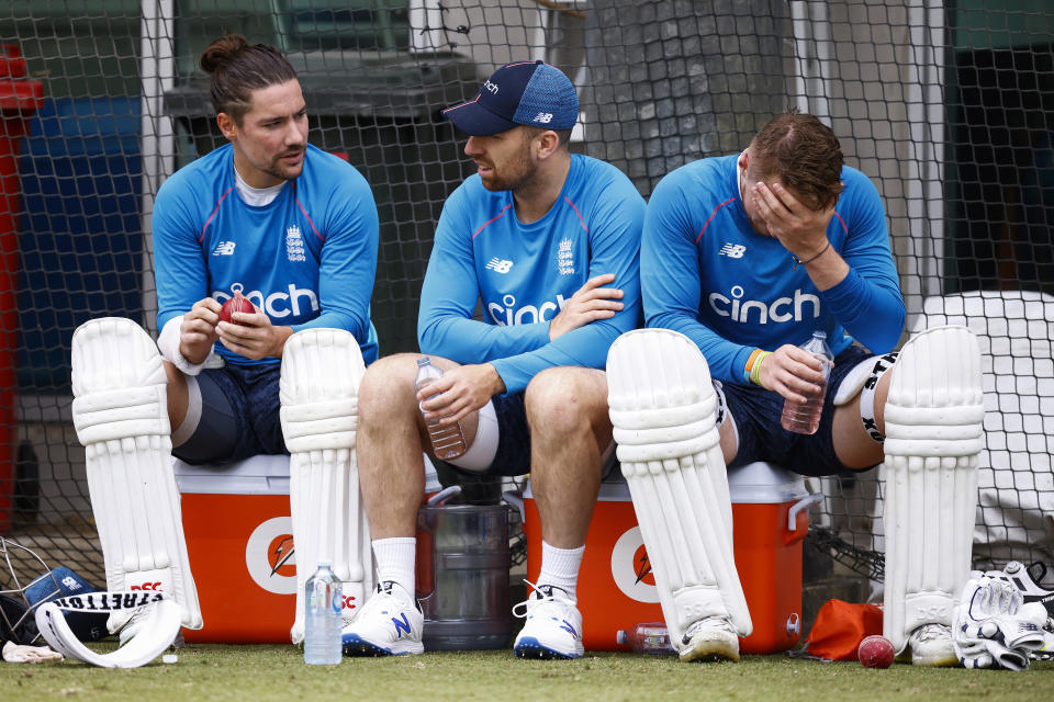 Seen here from left, England players Rory Burns, Jack Leach and Dom Bess.