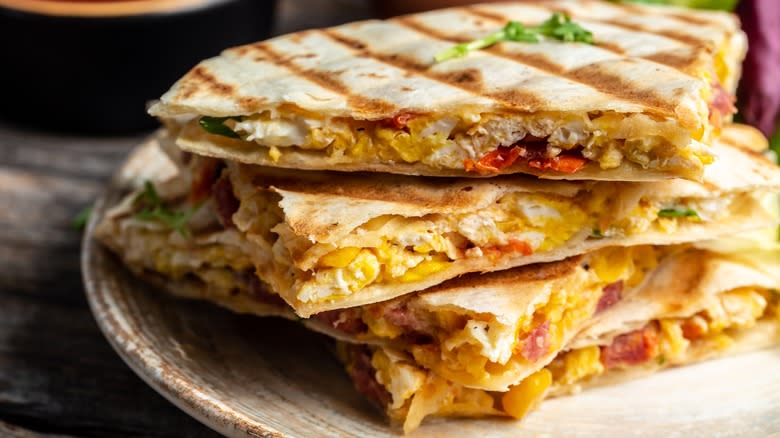 Close up of sliced quesadilla 