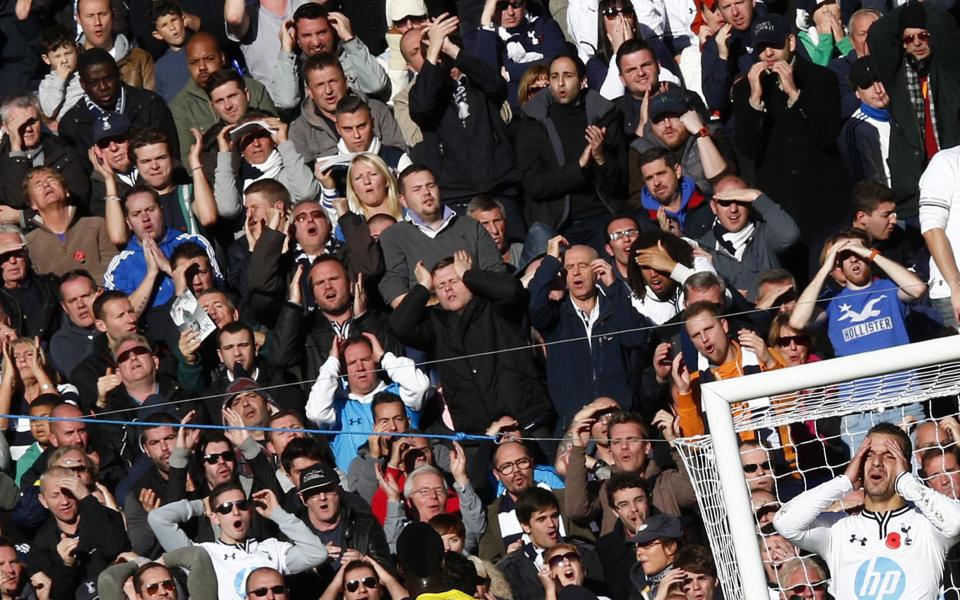 Tottenham Hotspur's Roberto Soldado and fans react after his header was saved by Newcastle United's Tim Krul during their English Premier League soccer match at White Hart Lane in London November 10, 2013.