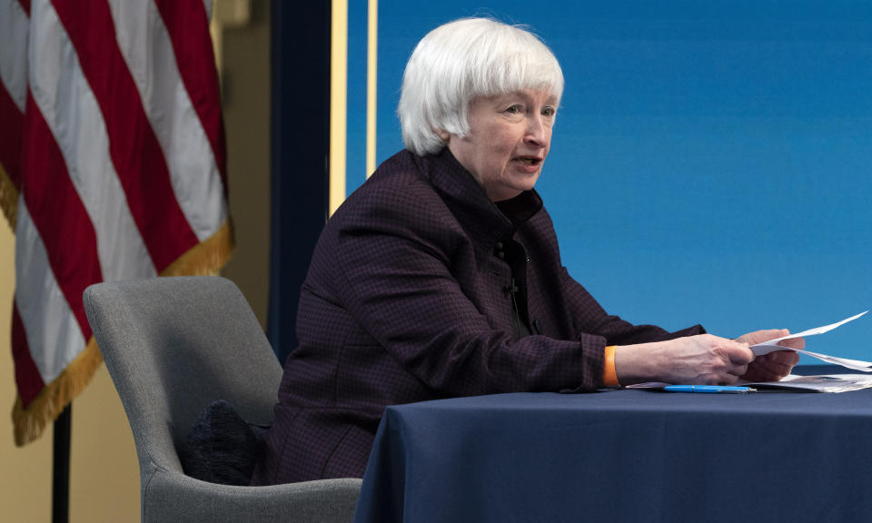 FILE - In this Feb. 5, 2021 file photo, Treasury Secretary Janet Yellen speaks during a virtual roundtable with participants from Black Chambers of Commerce across the country to discuss the American Rescue Plan in Washington. Yellen and Federal Reserve Chairman Jerome Powell say more needs to be done to limit the damage from the coronavirus pandemic and promote a full economic recovery. The two officials struck upbeat notes on the future of the economy in their prepared testimony Tuesday, March 23,  before the House Financial Services Committee while cautioning that the economy still needs help.   (AP Photo/Jacquelyn Martin, File)