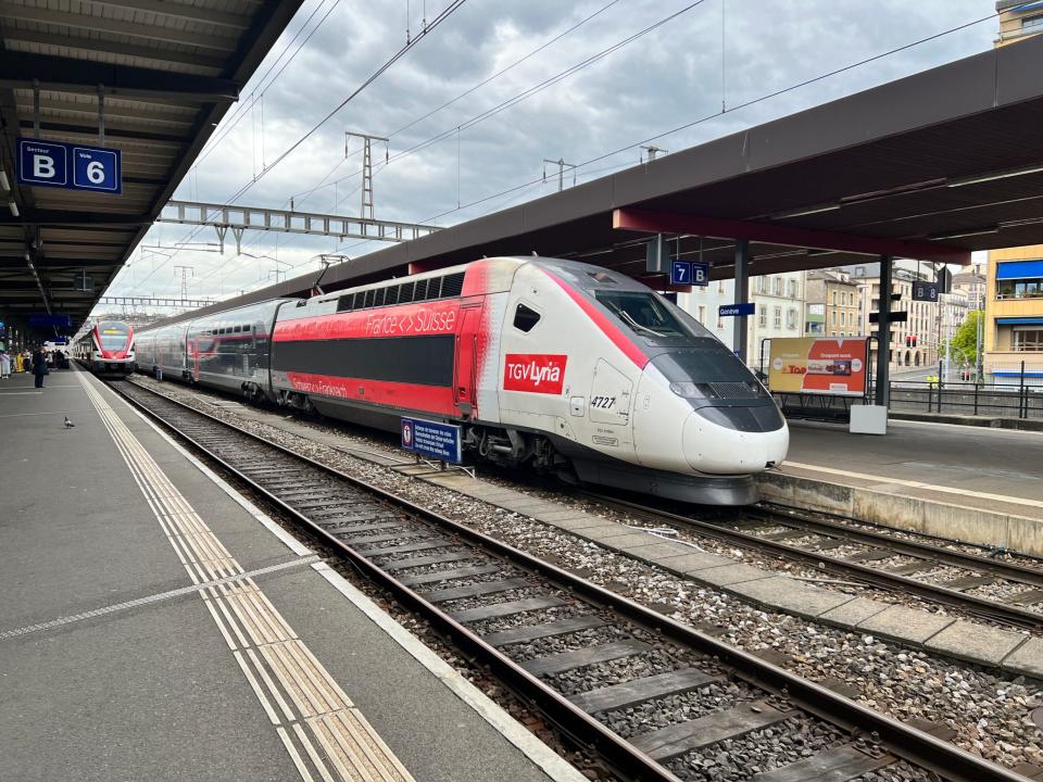 A TGV Lyria double-decker train at the Geneva railway station