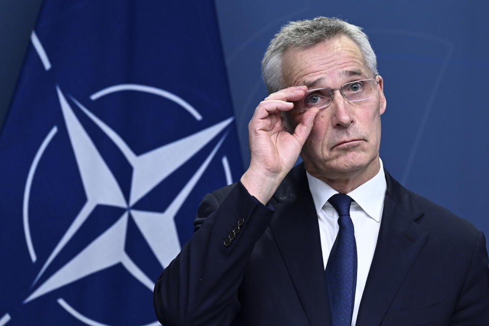 NATO Secretary General Jens Stoltenberg during a joint press conference with Sweden's Prime Minister Ulf Kristersson after a meeting with all Swedish party leaders who are in favor of a Swedish NATO membership in Stockholm, Sweden, Tuesday, March 7, 2023. NATO membership for Finland and Sweden is “a top priority,” alliance chief Jens Stoltenberg said Tuesday, urging members Turkey and Hungary to urgently ratify the Nordic countries’ accession. (Jonas Ekstromer/TT News Agency via AP)