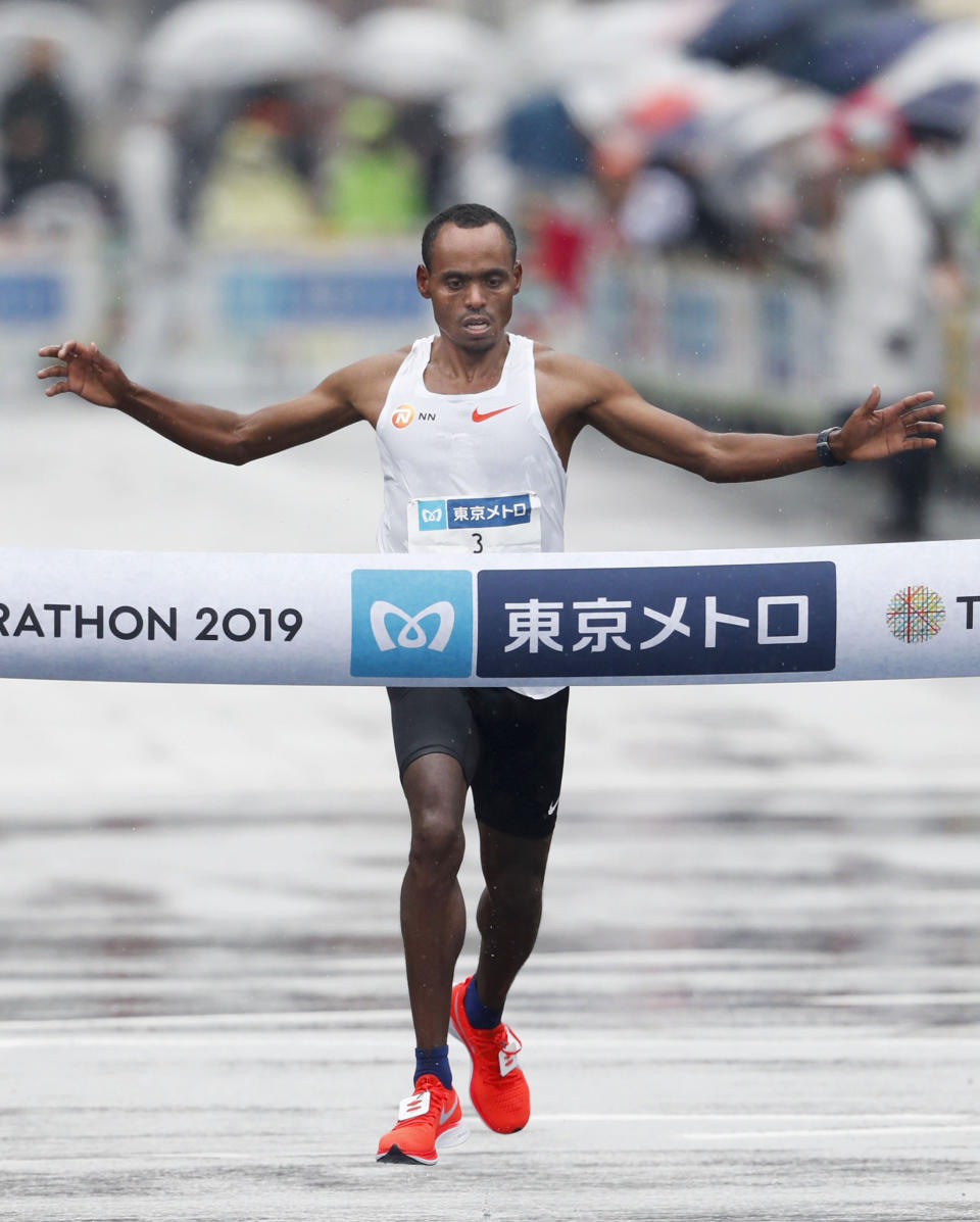 Birhanu Legese of Ethiopia crosses the finish line, winning the Tokyo Marathon in Tokyo, Sunday, March 3, 2019. (Jun Hirata/Kyodo News via AP)