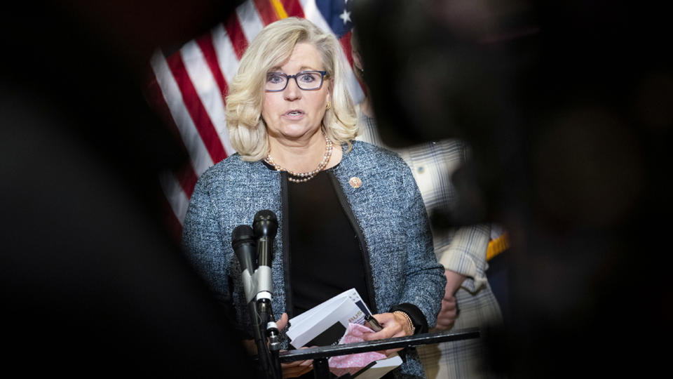 Rep. Liz Cheney (R-WY) speaks during a press conference following a House Republican caucus meeting on Capitol Hill on April 20, 2021 in Washington, DC. (Sarah Silbiger/Getty Images)