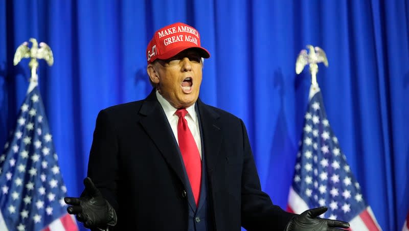Republican presidential candidate former President Donald Trump attends a campaign rally in Waterford Township, Mich., Feb. 17, 2024. Trump is holding events Tuesday, April 2, in Grand Rapids, Mich., and Green Bay, Wis., as he pressures President Joe Biden on immigration.