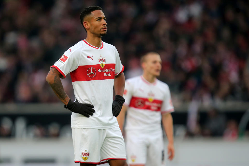 STUTTGART, GERMANY - JANUARY 19: Dennis Aogo of VfB Stuttgart and Santiago Ascacibar of VfB Stuttgart look dejected during the Bundesliga match between VfB Stuttgart and 1. FSV Mainz 05 at Mercedes-Benz Arena on January 19, 2019 in Stuttgart, Germany. (Photo by TF-Images/TF-Images via Getty Images)