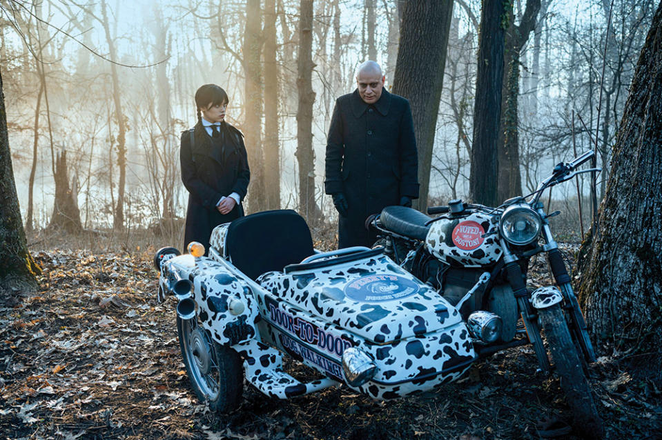 Wednesday was filmed in Romania, taking advantage of its locations as well as soundstages. (Ortega is pictured with Fred Armisen as Uncle Fester.)