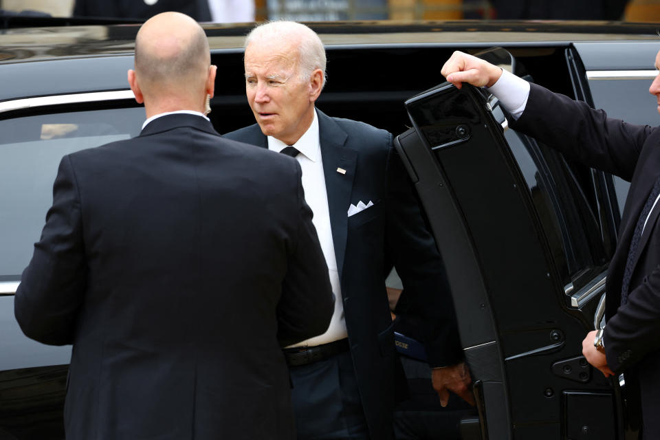 President Biden exits a car outside Westminster Abbey before the state funeral of Queen Elizabeth II. 