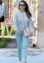 Celebrities in pastel fashion: Jessica Alba teamed her pastel mint green jeans with a cream jumper out and about in LA.<br><br>© Rex