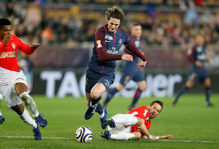 Soccer Football - Coupe de la Ligue Final - Paris St Germain vs AS Monaco - Matmut Atlantique Stadium, Bordeaux, France - March 31, 2018 Paris Saint-Germain's Adrien Rabiot in action with Monaco's Joao Moutinho REUTERS/Regis Duvignau