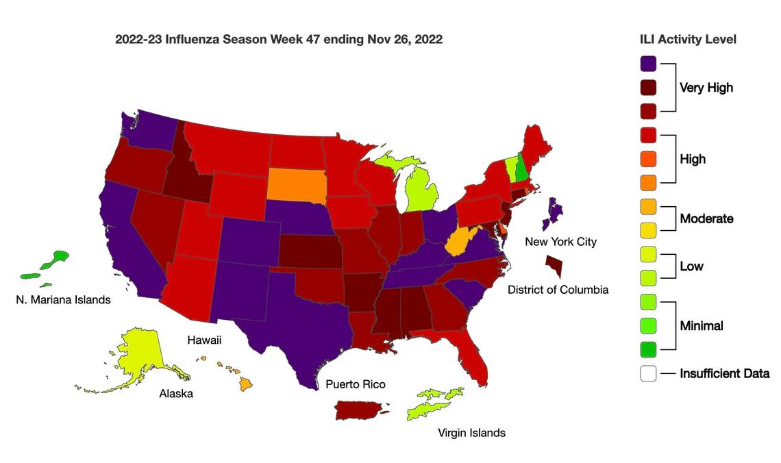 A map showing rates of flu in each state as reported by the Centers for Disease Control and Prevention.