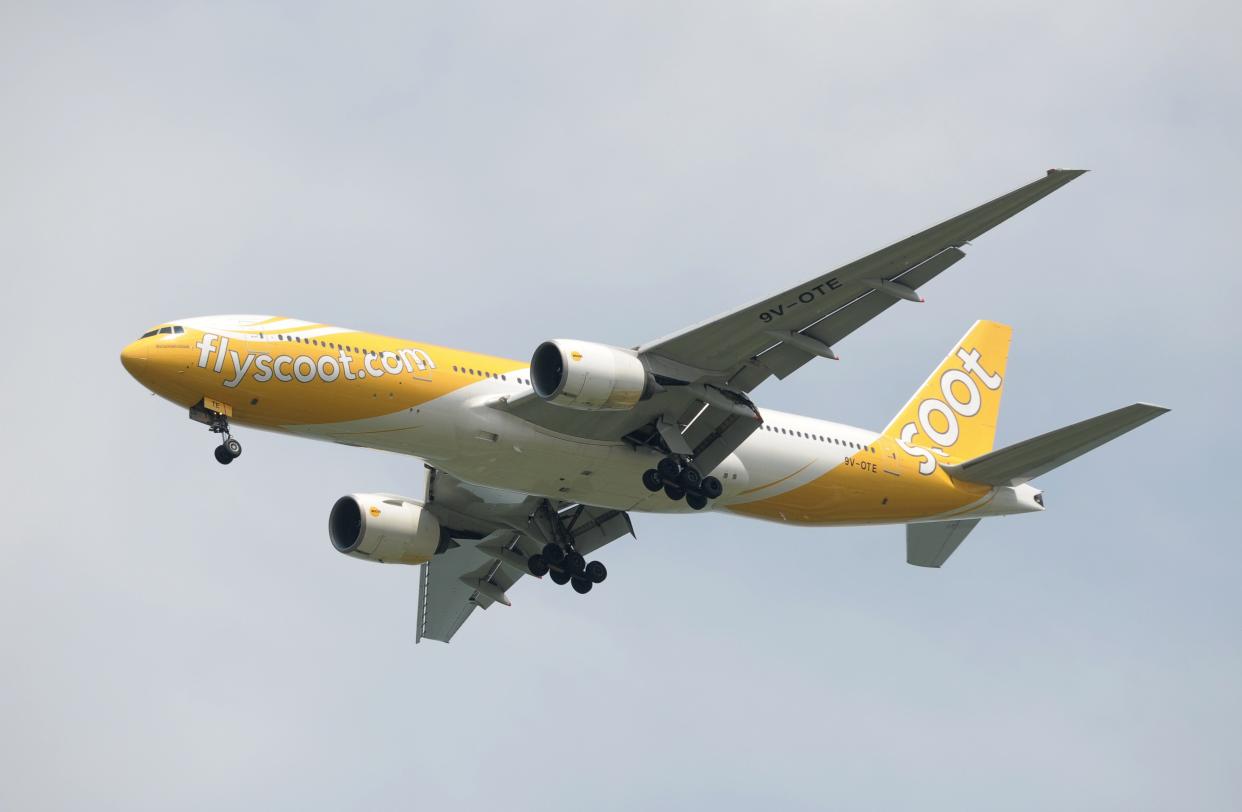 A Scoot aircraft approaching Changi International Airport in Singapore.