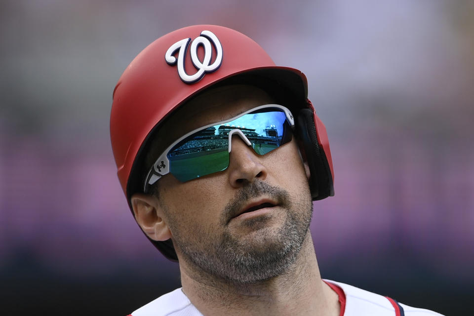 Washington Nationals' Ryan Zimmerman looks on after he lined out during the fifth inning of a baseball game against the San Francisco Giants, Sunday, June 13, 2021, in Washington. (AP Photo/Nick Wass)