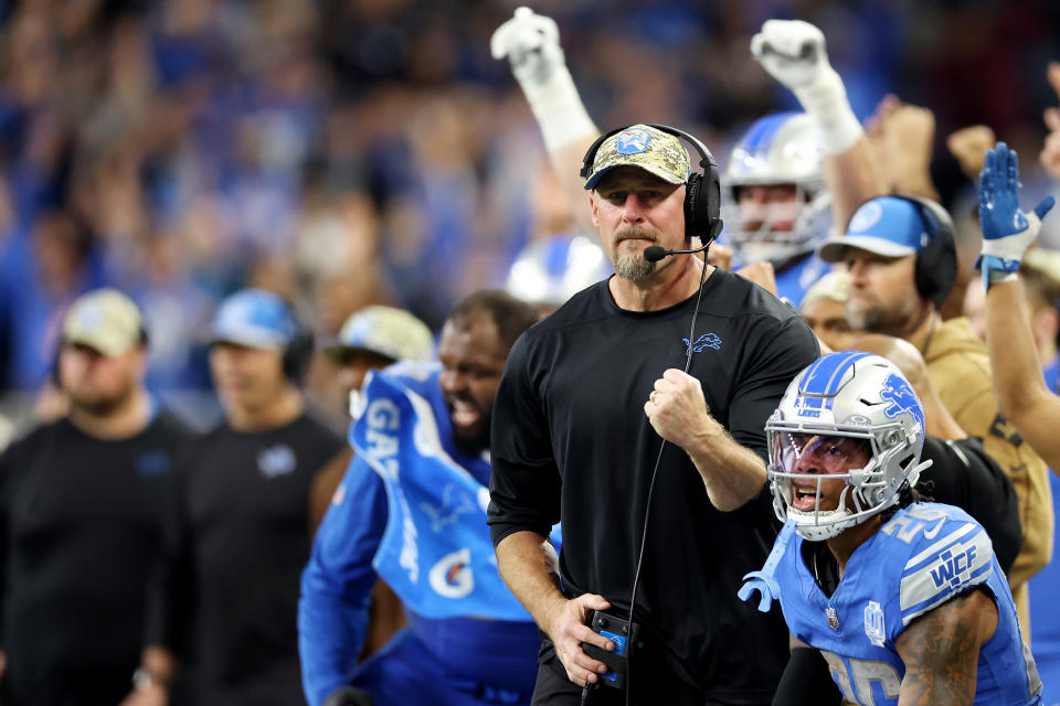 DETROIT, MICHIGAN – NOVEMBER 19: Head coach Dan Campbell of the Detroit Lions reacts during the second half of a game against the Chicago Bears at Ford Field on November 19, 2023 in Detroit, Michigan. (Photo by Gregory Shamus/Getty Images)