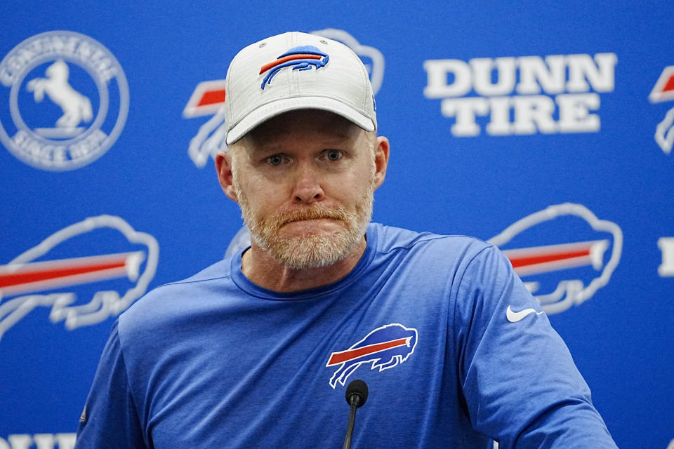 Buffalo Bills head coach Sean McDermott speaks during a news conference after an NFL preseason football game against the Carolina Panthers on Friday, Aug. 26, 2022, in Charlotte, N.C. (AP Photo/Rusty Jones)