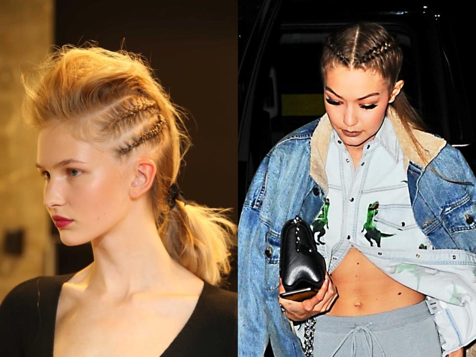 Vom Boxring auf den Laufsteg. Auf der Paris Fashion Week verdrehen derzeit Boxer Braids den Models den Kopf. Die It-Frisur hat sich auch zum Haar-Liebling der Stars durchgeboxt. Gigi Hadid (r.) und Kim Kardashian lieben den Flechttrend. (Bilder: Getty Images, Splash News)