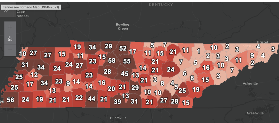 Tornadoes in Tennessee by county from 1950-2023