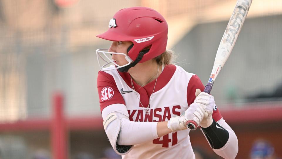 Arkansas batter Danielle Gibson (41) against Western Illinois during an NCAA softball game on Sunday, Feb. 20, 2022, in Fayetteville, Ark. (AP Photo/Michael Woods)