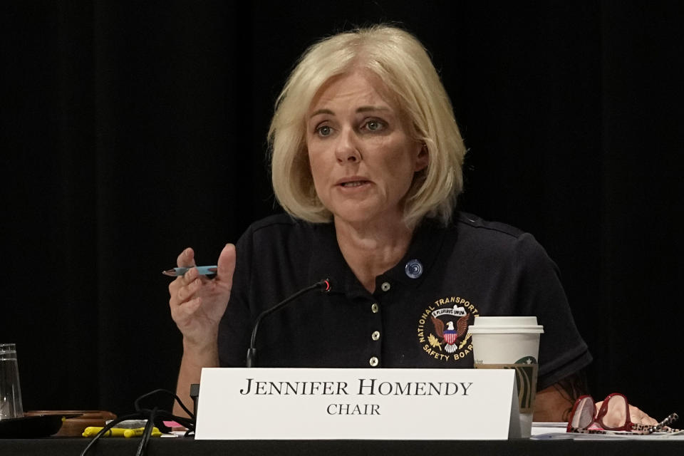 Jennifer Homendy, chair of the National Transportation Safety Board, speaks during a board meeting concerning the February 3, 2023, train derailment of a Norfolk Southern freight train carrying hazardous materials, Tuesday, June 25, 2024, in East Palestine, Ohio. (AP Photo/Sue Ogrocki)