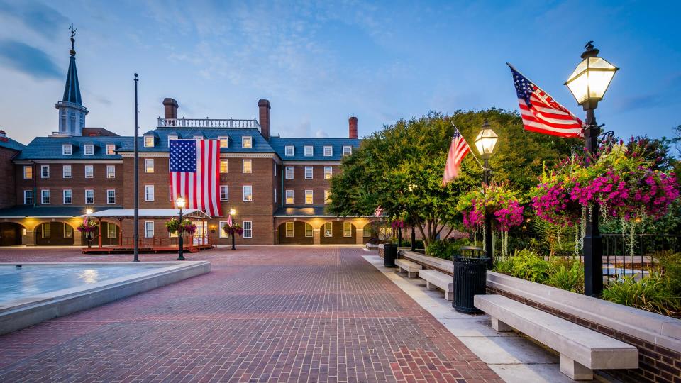 Market Square and City Hall at night, in Old Town, Alexandria, Virginia.