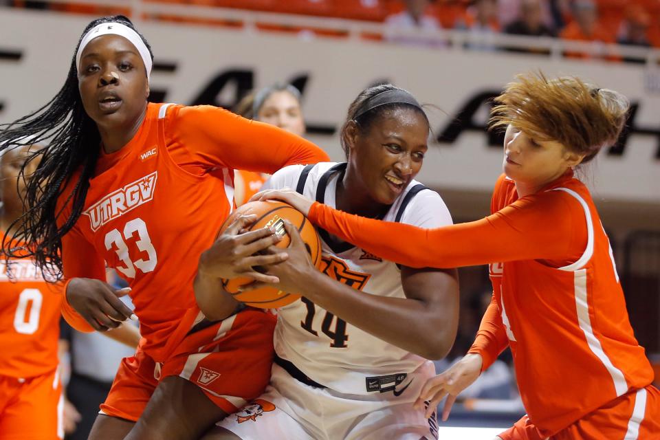 Oklahoma State junior Taylen Collins (14) is averaging 9.7 points and 9.5 rebounds per game.