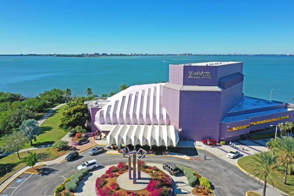 An aerial photo of the Van Wezel Performing Arts Hall in downtown Sarasota.