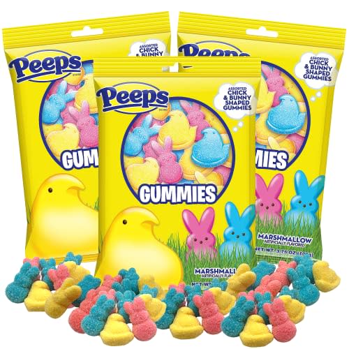 New 2023 Limited Edition Peeps Candies, Pink, Blue, and Yellow, Bunnies and Chicks, Easter Egg and Basket Stuffers, Pack of 3 (Gummy Candy)